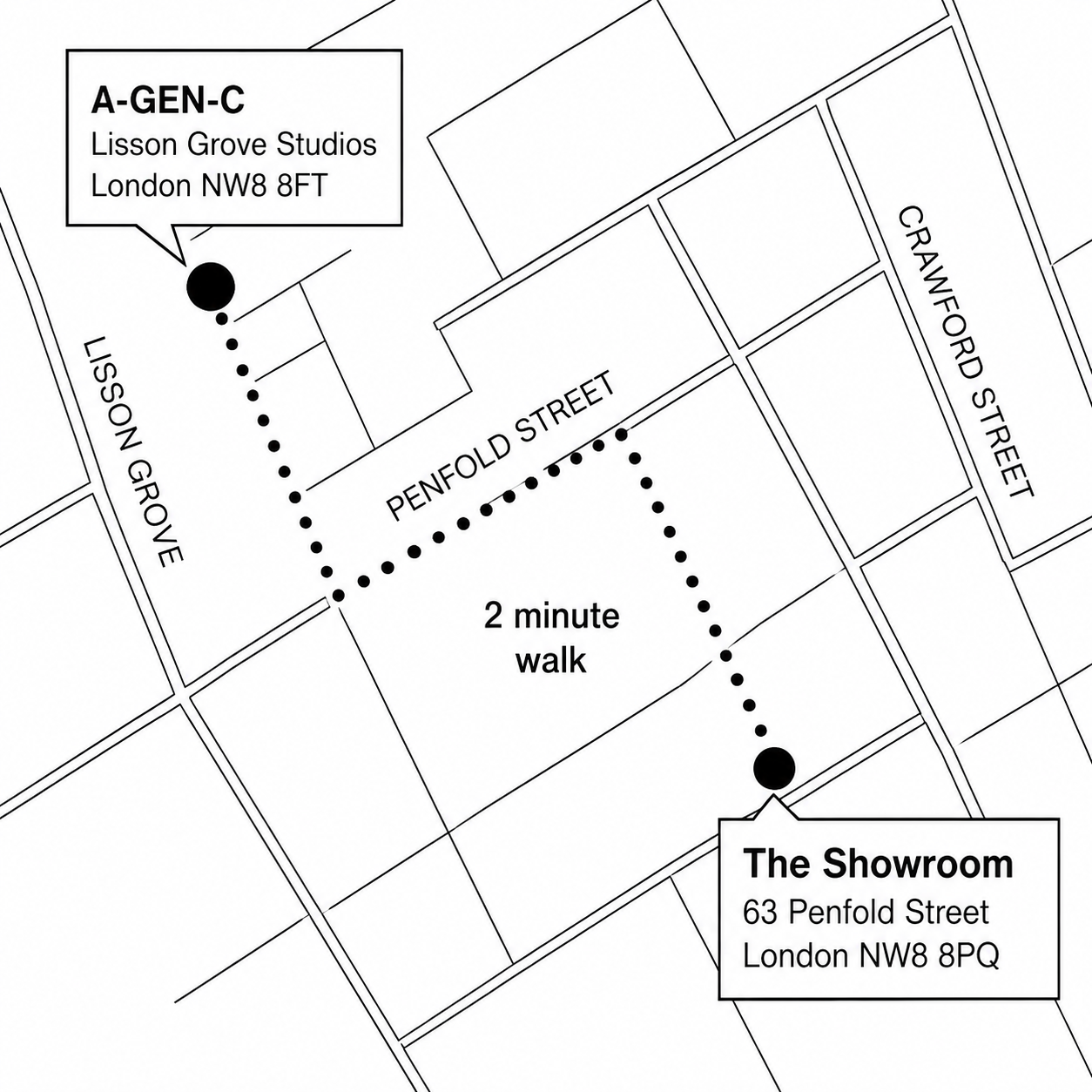 Map showing A-GEN-C at Lisson Grove Studios and The Showroom, approximately two minutes apart